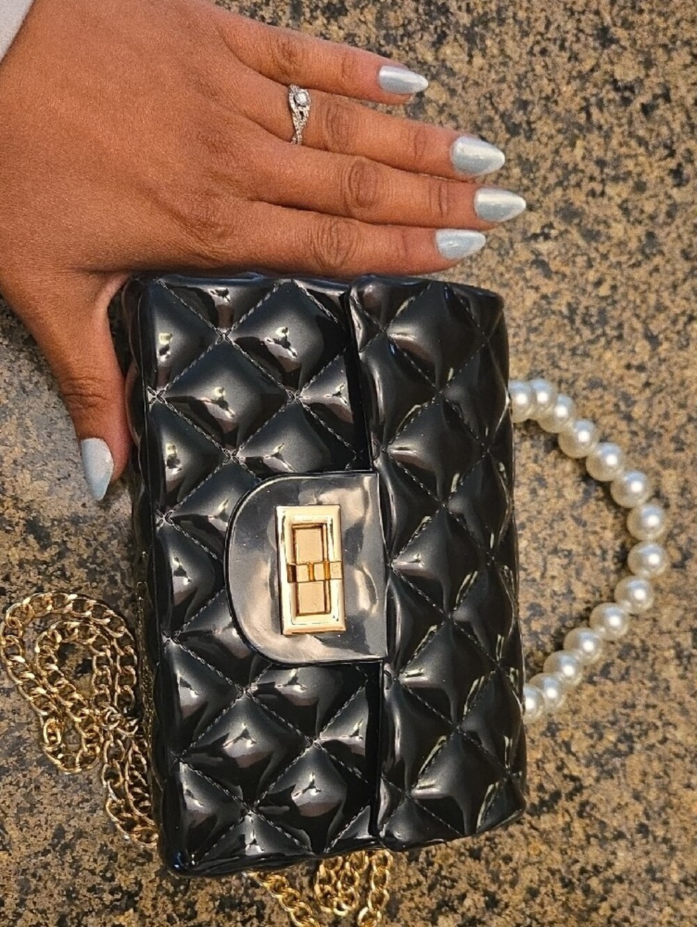 Black Quilted Patent Crossbody Bag with Pearl Handle - Picture 5 of 5